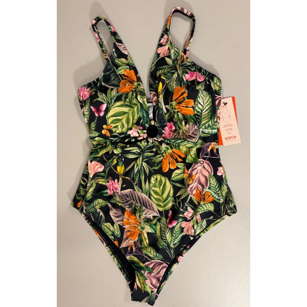 Sofia Vergara Swimsuit Women L Black Tropical Rainforest 1pc Jungle Floral NEW